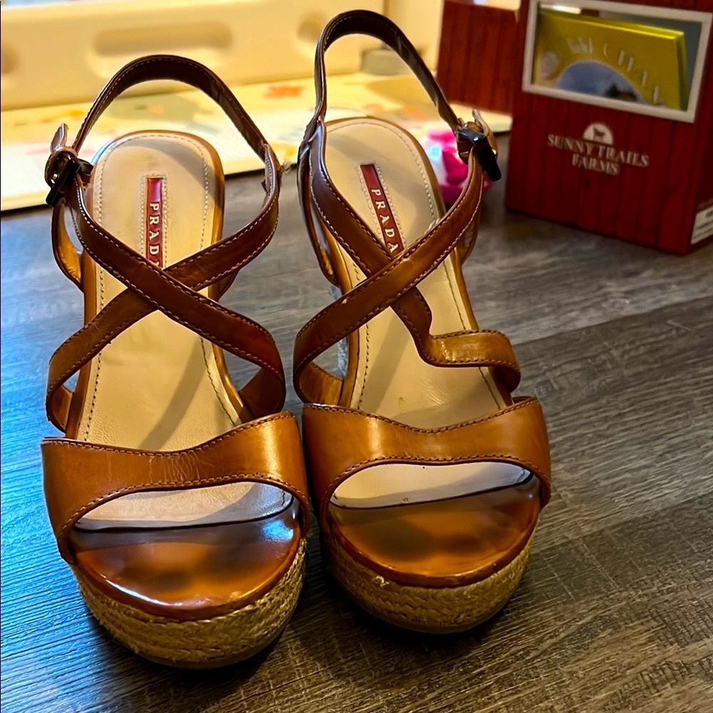 Prada Tan Wedge Sandals with Strappy Design